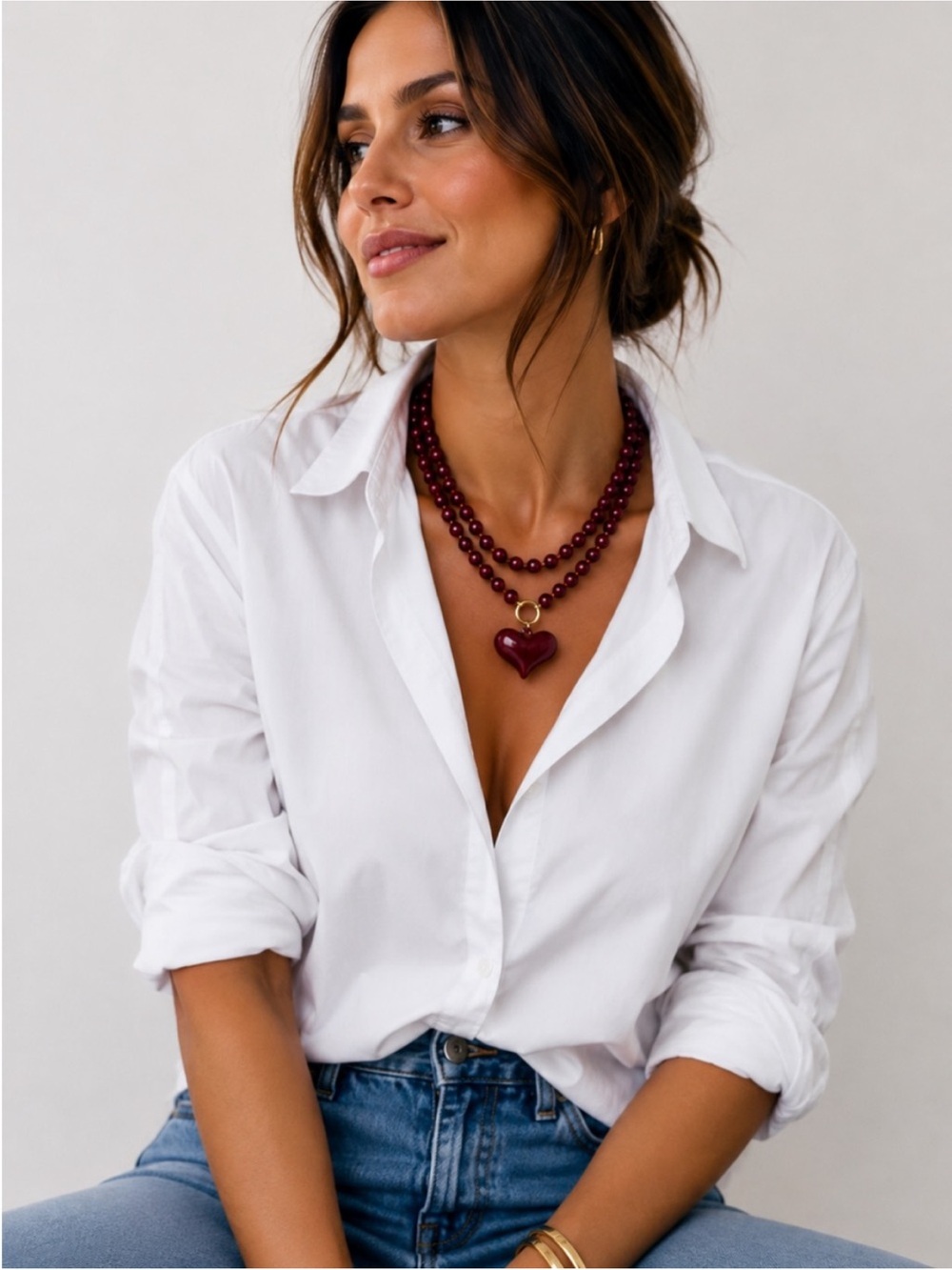 New! Cranberry Red Wine Beaded Heart Stacked Necklace NWOT 2019 - Picture 2 of 3